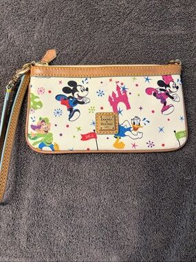 Dooney & Bourke White Multicolor Disney Character Wristlet w tan trim run Disney